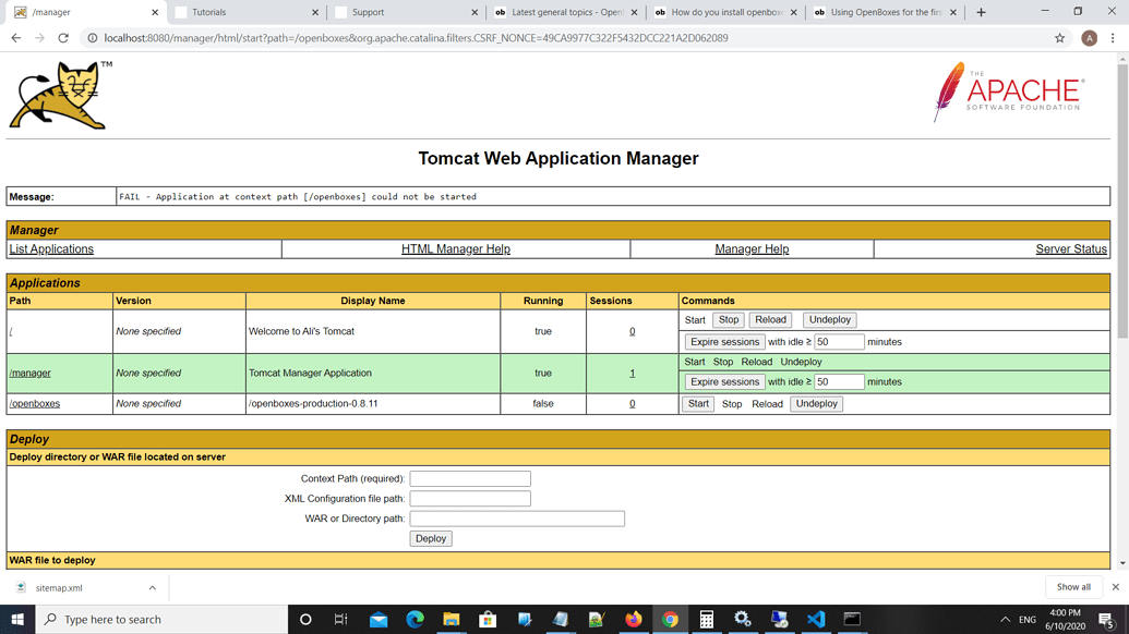 FAIL Application at context path [/openboxes] could not be started